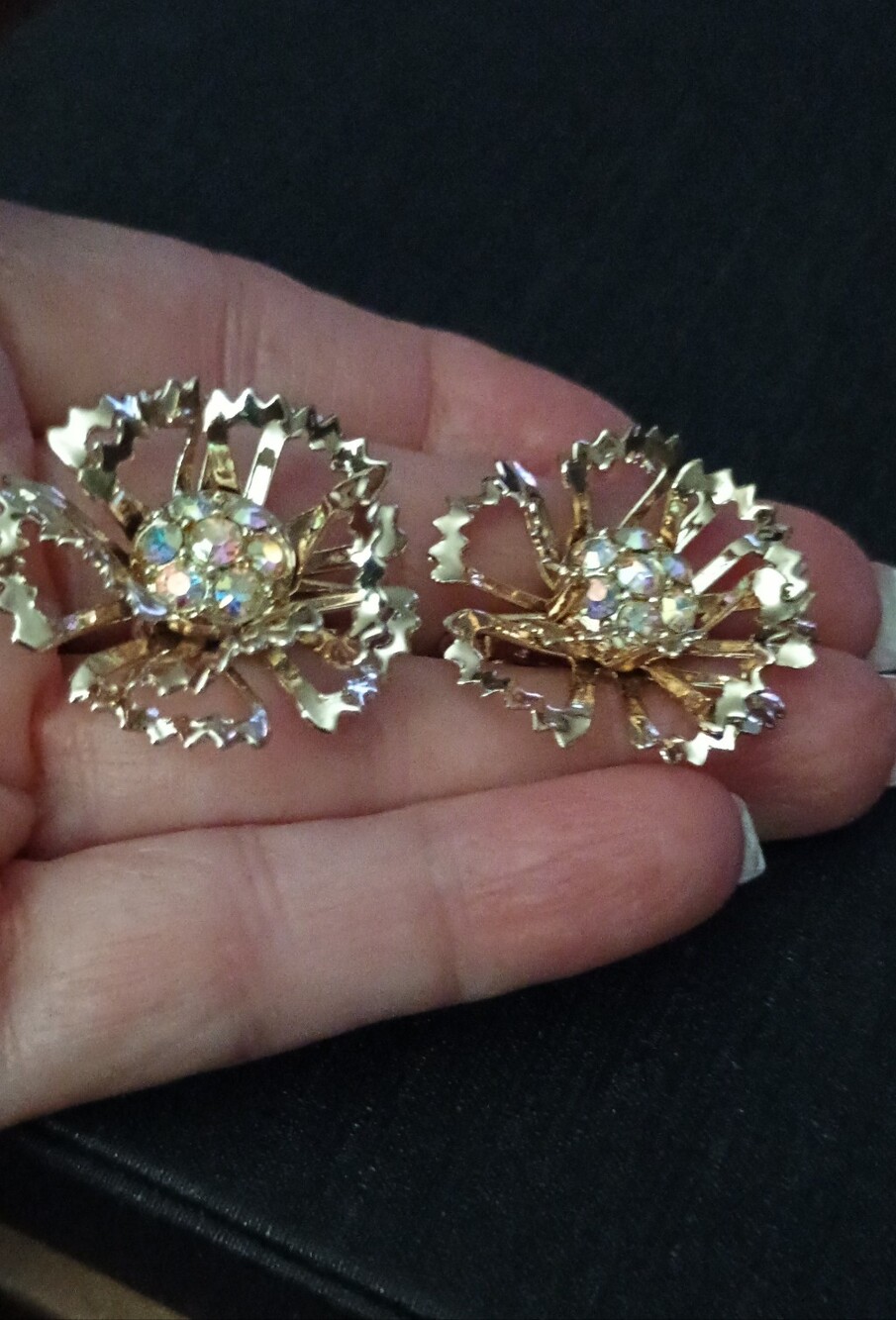 Vintage Gold Floral Aurora Borealis Crystal Clip-On Earrings - Sara Coventry